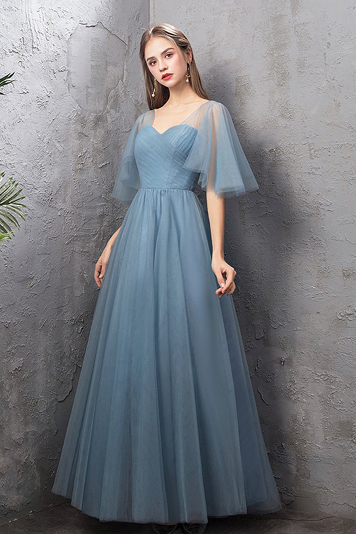 Blue Tulle Long Prom Dresses, A-Line Simple Evening Dresses