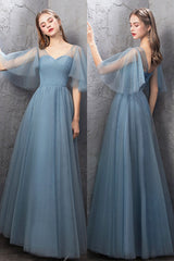 Blue Tulle Long Prom Dresses, A-Line Simple Evening Dresses