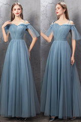 Blue Tulle Long Prom Dresses, A-Line Simple Evening Dresses