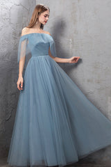 Blue Tulle Long Prom Dresses, A-Line Simple Evening Dresses