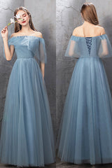 Blue Tulle Long Prom Dresses, A-Line Simple Evening Dresses