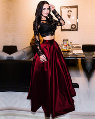 Black Lace Crop Top Satin Floor Length Prom Dresses Two Piece