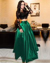 Black Lace Crop Top Satin Floor Length Prom Dresses Two Piece