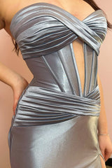 Mermaid Strapless Silver Satin Long Prom Dresses