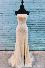 2024 Lace Long Blue Prom Dresses Strapless Mermaid Evening Gown with Split