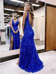 Trumpet Prom Dresses Sparkle Shine Dress Formal Sleeveless V Neck Sequined Backless with Sequin