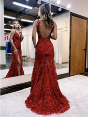 Trumpet Prom Dresses Sparkle Shine Dress Formal Sleeveless V Neck Sequined Backless with Sequin