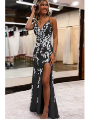 Prom Dresses Sexy Dress Formal Sweep Brush Train Sleeveless V Neck Tulle Backless with Slit Appliques