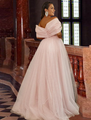 A-Line Prom Dresses Corsets Dress Prom  Short Sleeve Off Shoulder Tulle with Glitter Pleats Slit