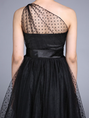 A-Line Prom Cocktail Dresses Vintage Dress Wedding Guest Sleeveless One Shoulder Tulle with Pleats Pattern Print