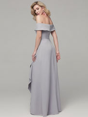 Sheath / Column Special Occasion Dresses Elegant & Luxurious Dress Wedding Guest Floor Length Short Sleeve Off Shoulder Spandex with Rhinestone Split Front