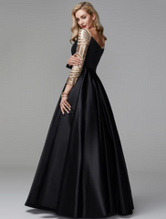 Black Sparkle Formal Evening Dress Off Shoulder Long Sleeve Floor Length Satin with Sequin
