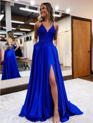 Prom Dresses Formal Sleeveless V Neck Satin Backless with