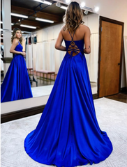 Prom Dresses Formal Sleeveless V Neck Satin Backless with