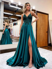 Prom Dresses Formal Sleeveless V Neck Satin Backless with