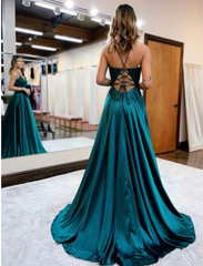 Prom Dresses Formal Sleeveless V Neck Satin Backless with