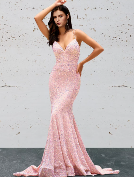 Prom Dresses Open Back Sleeveless Sequined Backless with Sequin