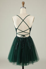 A Line Spaghetti Straps Dark Green Short Homecoming Dress with Appliques