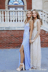 2024 Light Blue Sequins Prom Dresses V Neck Mermaid Formal Dress with slit