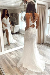 2024 White Mermaid Lace Prom Dresses Long Evening Dresses with Split