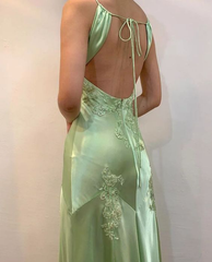 Green Satin A Line Long Prom Dresses Formal Party Dress J2669