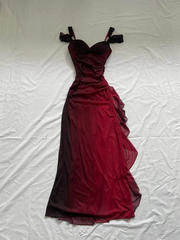 Burgundy A Line Shiny Long Prom Dress Ruffled Evening Gown J2599