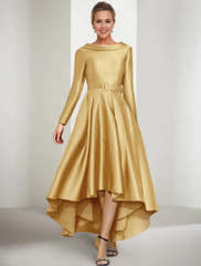 A-shaped bride mother dress elegant gemstone collar asymmetrical satin long sleeved belt/ribbon 2025