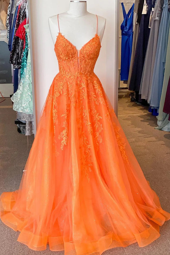 2024 Corset Orange Prom Dress Lace A Line Spaghetti Straps Appliques