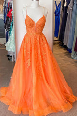2024 Corset Orange Prom Dress Lace A Line Spaghetti Straps Appliques