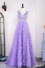 2024 Hot Lavender Lace Prom Dresses Layered V Neck Slit