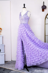 2024 Hot Lavender Lace Prom Dresses Layered V Neck Slit