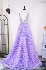 2024 Hot Lavender Lace Prom Dresses Layered V Neck Slit