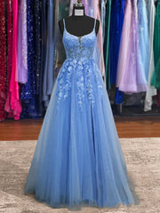 2024 Lace Blue Prom Dresses V Neck Long Formal Dresses Open Back