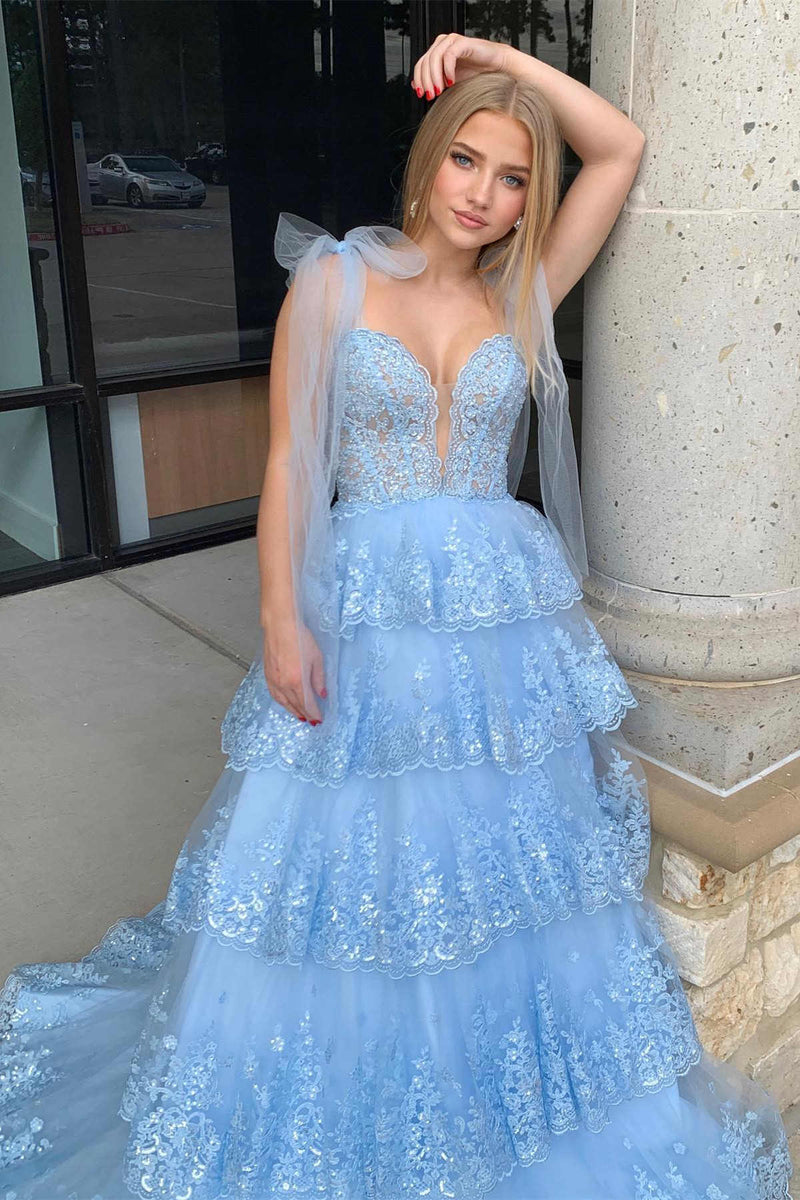 2024 Light Blue Layered Prom Dress Tiered Tie Staps Plunging Neck