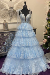 2024 Light Blue Layered Prom Dress Tiered Tie Staps Plunging Neck