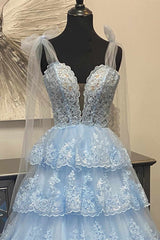 2024 Light Blue Layered Prom Dress Tiered Tie Staps Plunging Neck