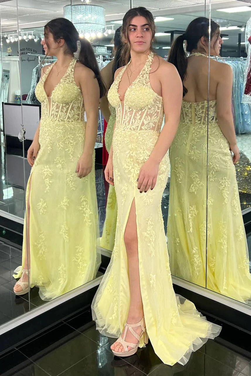 2024 Long Halter Mermaid Lace Yellow Prom Dresses