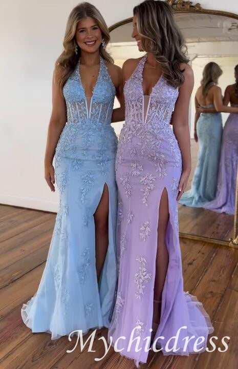 2024 Long Lace Prom Dress Violet purple Halter Evening Gown Fitted Slit