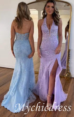 2024 Long Lace Prom Dress Violet purple Halter Evening Gown Fitted Slit