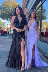 2024 Long Lace Prom Dress Hot Pink Halter Mermaid Formal Dress Appliques