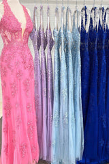2024 Long Lace Prom Dress Hot Pink Halter Mermaid Formal Dress Appliques