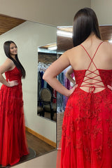 2024 Long Red Floral Prom Dresses Cheap Plunging V Neck Appliques