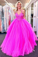 2024 Long V Neck Fuchsia Prom Dresses Appliques Lace Tulle Formal Evening Dresses
