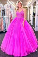 2024 Long V Neck Fuchsia Prom Dresses Appliques Lace Tulle Formal Evening Dresses