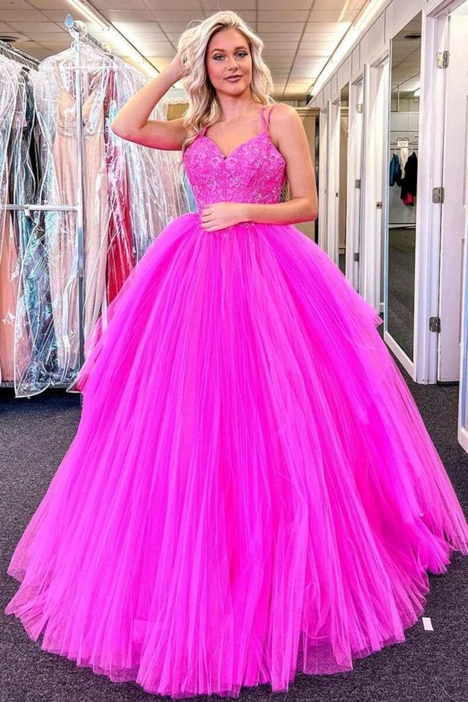 2024 Long V Neck Fuchsia Prom Dresses Appliques Lace Tulle Formal Evening Dresses