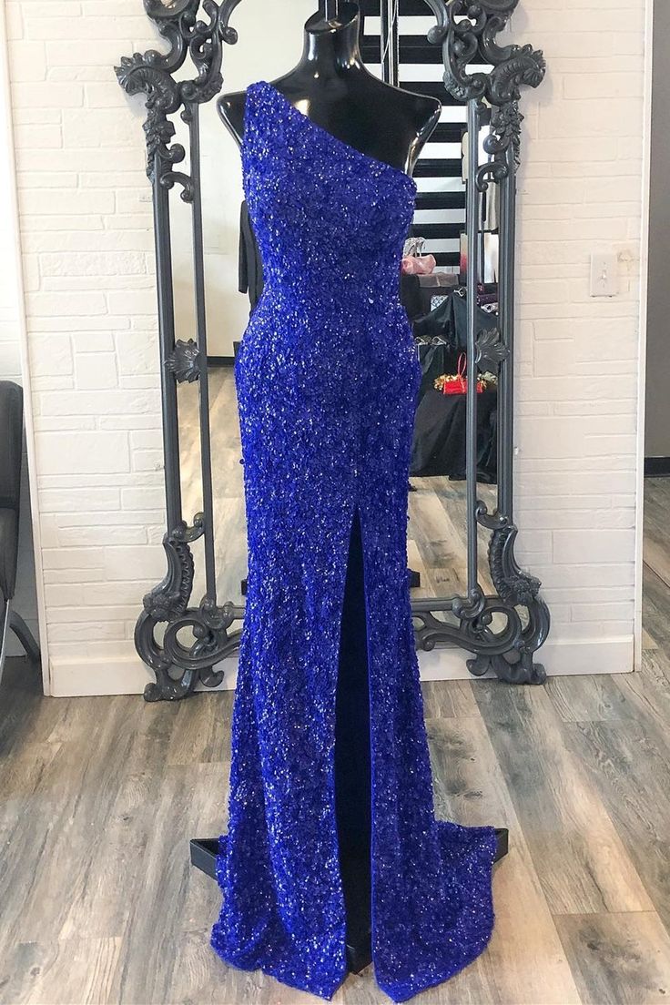 2024 One Shouder Royal Blue Prom Dresses Long Sequin Evening Dress