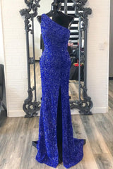 2024 One Shouder Royal Blue Prom Dresses Long Sequin Evening Dress