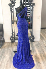 2024 One Shouder Royal Blue Prom Dresses Long Sequin Evening Dress