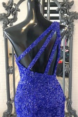 2024 One Shouder Royal Blue Prom Dresses Long Sequin Evening Dress