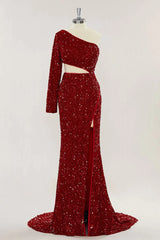 2024 One shoulder Sequins Burgundy Prom Dress Long Evening Dress uk